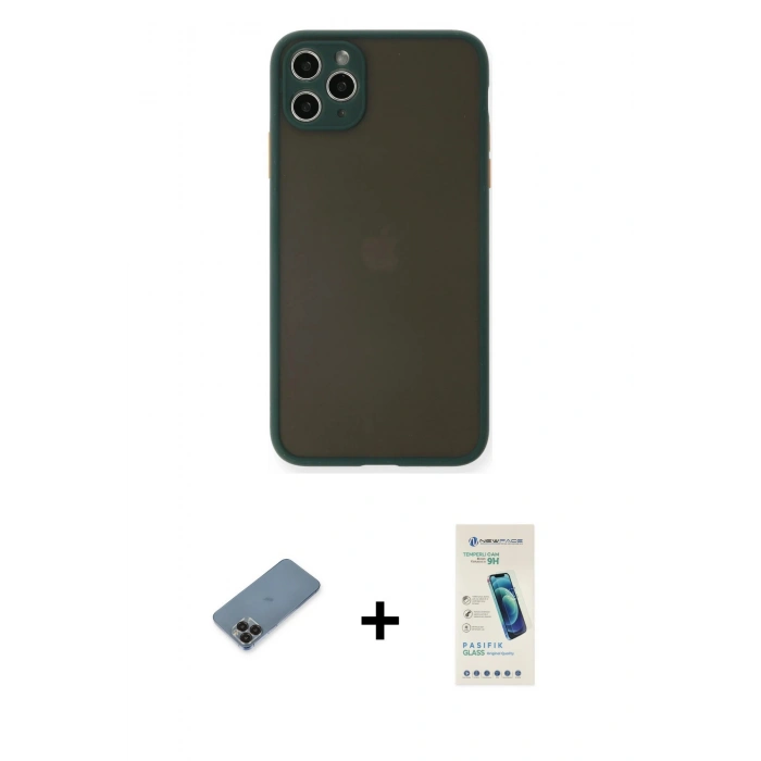 MARSİLYAN™- iPhone 11 Pro Max Kılıf Ahenk Çizgi Serisi - Şeffaf Pasifik Cam Ekran Koruyucu + Metal Kamera Lens Koruma Cam - SH