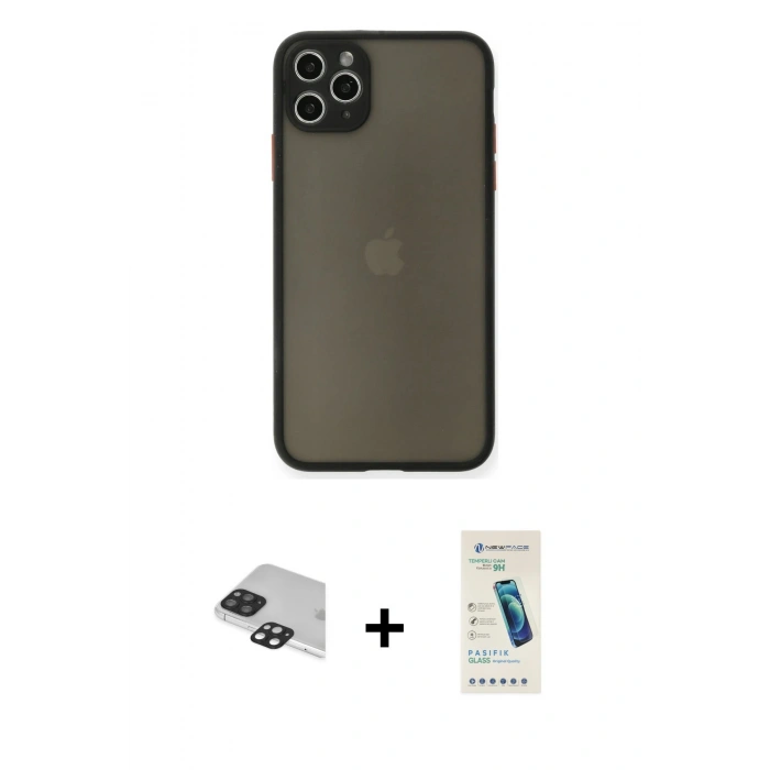 MARSİLYAN™- iPhone 11 Pro Max Kılıf Ahenk Çizgi Serisi - Şeffaf Pasifik Cam Ekran Koruyucu + Siyah Pers Alüminyum Kamera Lens
