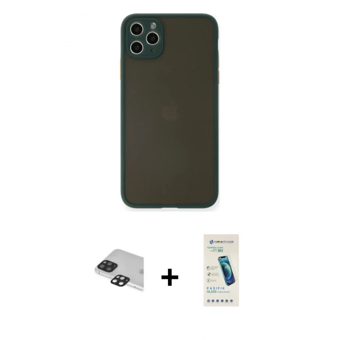 MARSİLYAN™- iPhone 11 Pro Max Kılıf Ahenk Çizgi Serisi - Şeffaf Pasifik Cam Ekran Koruyucu + Siyah Pers Alüminyum Kamera Lens
