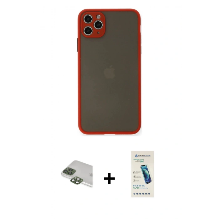 MARSİLYAN™- iPhone 11 Pro Max Kılıf Ahenk Çizgi Serisi - Şeffaf Pasifik Cam Ekran Koruyucu + Pers Alüminyum Kamera Lens - YL