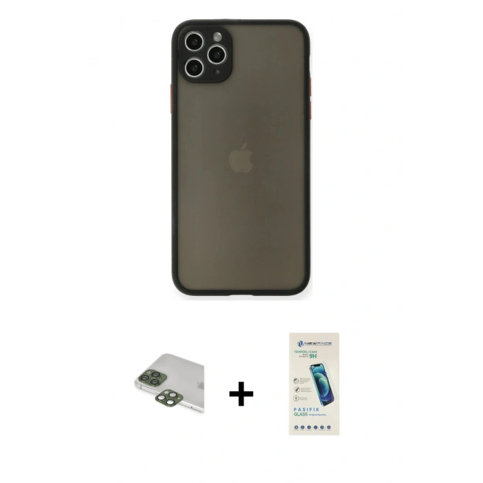 MARSİLYAN™- iPhone 11 Pro Max Kılıf Ahenk Çizgi Serisi - Şeffaf Pasifik Cam Ekran Koruyucu + Pers Alüminyum Kamera Lens - YL