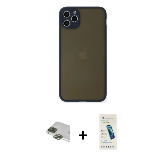 MARSİLYAN™- iPhone 11 Pro Max Kılıf Ahenk Çizgi Serisi - Şeffaf Pasifik Cam Ekran Koruyucu + Pers Alüminyum Kamera Lens - YL