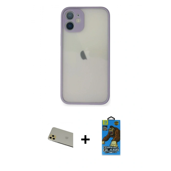 MARSİLYAN™- iPhone 11 Pro Max Kılıf Ahenk Çizgi Serisi - Siyah 18D Cam Ekran Koruyucu + Rainbow Kamera Lens Koruma Cam - GD