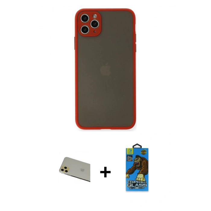 MARSİLYAN™- iPhone 11 Pro Max Kılıf Ahenk Çizgi Serisi - Siyah 18D Cam Ekran Koruyucu + Rainbow Kamera Lens Koruma Cam - GD