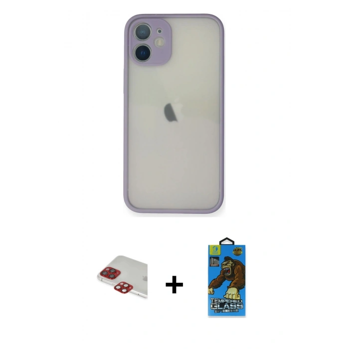 MARSİLYAN™- iPhone 11 Pro Max Kılıf Ahenk Çizgi Serisi - Siyah 18D Cam Ekran Koruyucu + Kırmızı Pers Alüminyum Kamera Lens