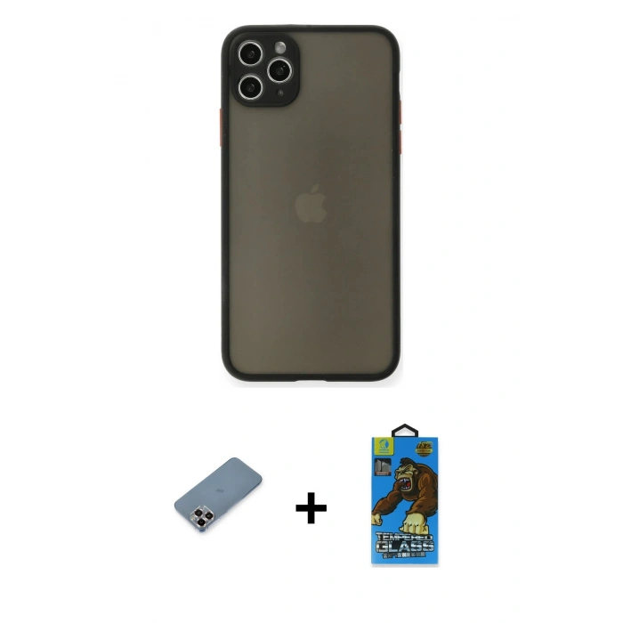 MARSİLYAN™- iPhone 11 Pro Max Kılıf Ahenk Çizgi Serisi - Siyah 18D Cam Ekran Koruyucu + Metal Kamera Lens Koruma Cam - MR