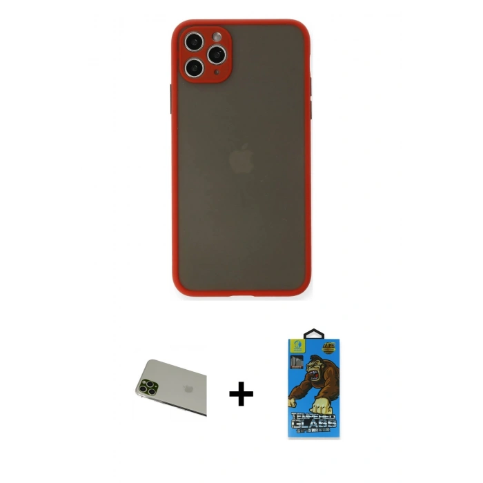 MARSİLYAN™- iPhone 11 Pro Max Kılıf Ahenk Çizgi Serisi - Siyah 18D Cam Ekran Koruyucu + Rainbow Kamera Lens Koruma Cam - YL