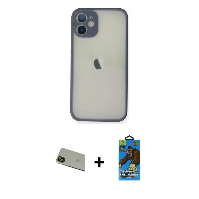 MARSİLYAN™- iPhone 11 Pro Max Kılıf Ahenk Çizgi Serisi - Siyah 18D Cam Ekran Koruyucu + Rainbow Kamera Lens Koruma Cam - YL