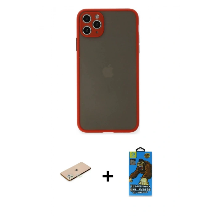 MARSİLYAN™- iPhone 11 Pro Max Kılıf Ahenk Çizgi Serisi - Siyah 18D Cam Ekran Koruyucu + Renkli Kamera Lens Koruma Cam - YL