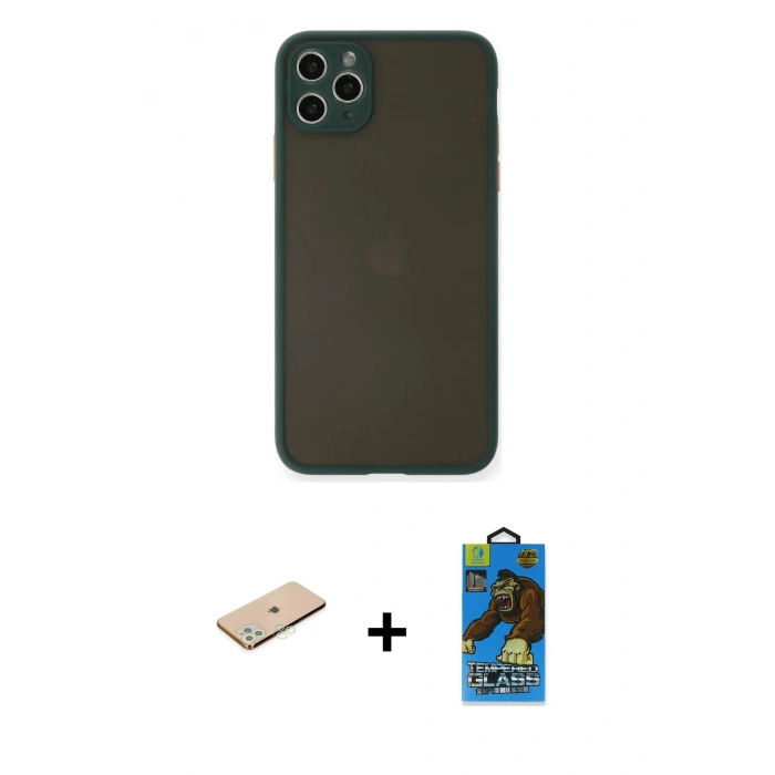 MARSİLYAN™- iPhone 11 Pro Max Kılıf Ahenk Çizgi Serisi - Siyah 18D Cam Ekran Koruyucu + Renkli Kamera Lens Koruma Cam - YL
