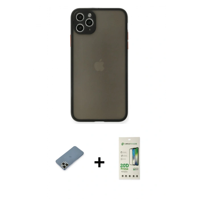 MARSİLYAN™- iPhone 11 Pro Max Kılıf Ahenk Çizgi Serisi - Siyah 20D Premium Cam Ekran Koruyucu + Metal Kamera Lens Koruma Cam - AKYL