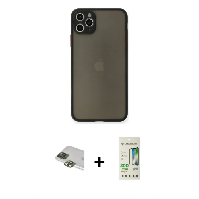 MARSİLYAN™- iPhone 11 Pro Max Kılıf Ahenk Çizgi Serisi - Siyah 20D Premium Cam Ekran Koruyucu + Pers Alüminyum Kamera Lens - YL