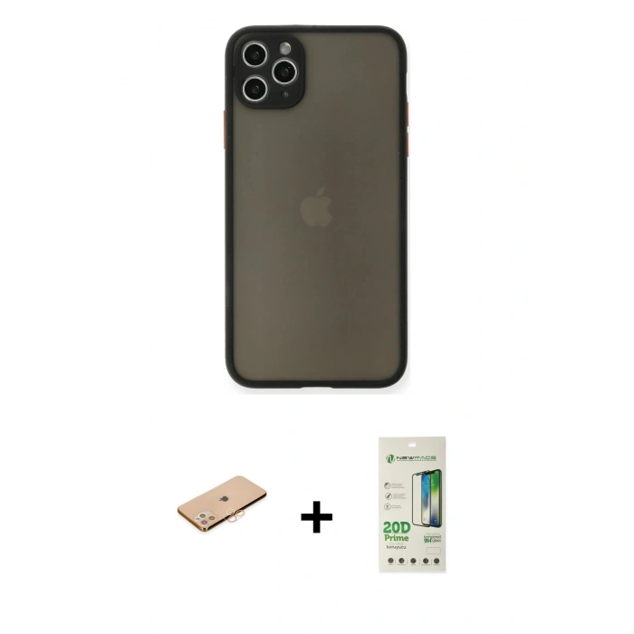 MARSİLYAN™- iPhone 11 Pro Max Kılıf Ahenk Çizgi Serisi - Siyah 20D Premium Cam Ekran Koruyucu + Renkli Kamera Lens Koruma Cam - TU