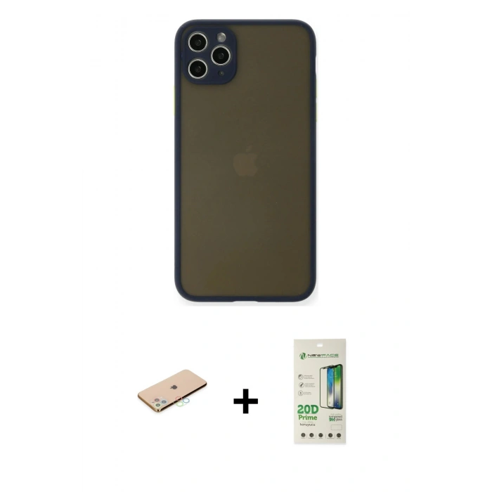 MARSİLYAN™- iPhone 11 Pro Max Kılıf Ahenk Çizgi Serisi - Siyah 20D Premium Cam Ekran Koruyucu + Renkli Kamera Lens Koruma Cam - MI