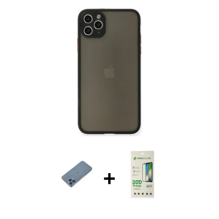 MARSİLYAN™- iPhone 11 Pro Max Kılıf Ahenk Çizgi Serisi - Siyah 20D Premium Cam Ekran Koruyucu + Shine Kamera Lens Koruma Cam - MI