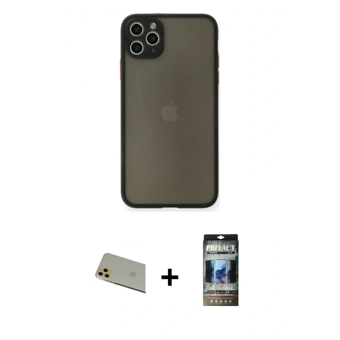 MARSİLYAN™- iPhone 11 Pro Max Kılıf Ahenk Çizgi Serisi - Siyah 34D Hayalet Izgaralı Cam + Rainbow Kamera Lens Koruma Cam - GD