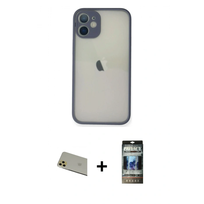 MARSİLYAN™- iPhone 11 Pro Max Kılıf Ahenk Çizgi Serisi - Siyah 34D Hayalet Izgaralı Cam + Rainbow Kamera Lens Koruma Cam - GD