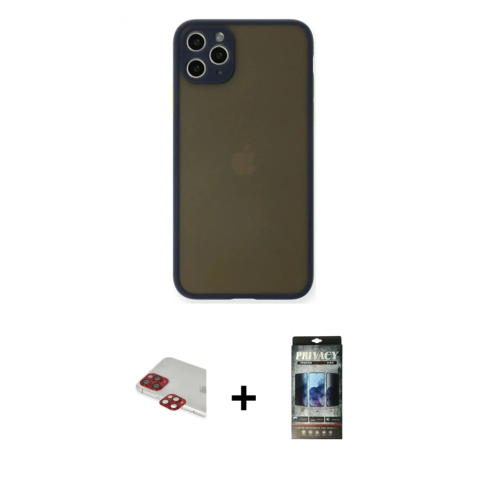 MARSİLYAN™- iPhone 11 Pro Max Kılıf Ahenk Çizgi Serisi - Siyah 34D Hayalet Izgaralı Cam + Pers Alüminyum Kamera Lens - KI