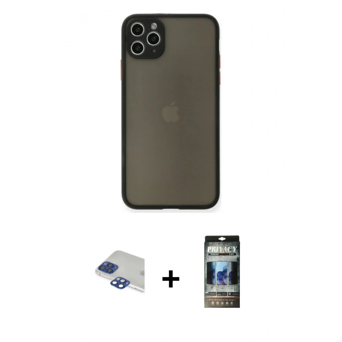 MARSİLYAN™- iPhone 11 Pro Max Kılıf Ahenk Çizgi Serisi - Siyah 34D Hayalet Izgaralı Cam + Pers Alüminyum Kamera Lens - LT