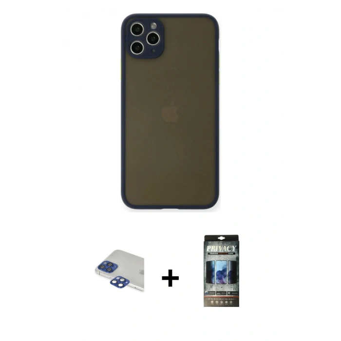 MARSİLYAN™- iPhone 11 Pro Max Kılıf Ahenk Çizgi Serisi - Siyah 34D Hayalet Izgaralı Cam + Pers Alüminyum Kamera Lens - LT