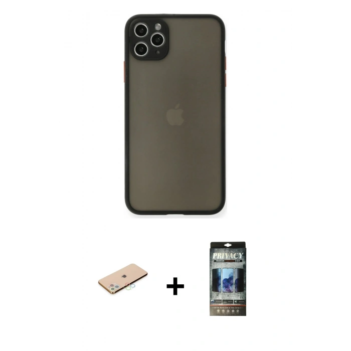 MARSİLYAN™- iPhone 11 Pro Max Kılıf Ahenk Çizgi Serisi - Siyah 34D Hayalet Izgaralı Cam + Mavi Renkli Kamera Lens Koruma Cam