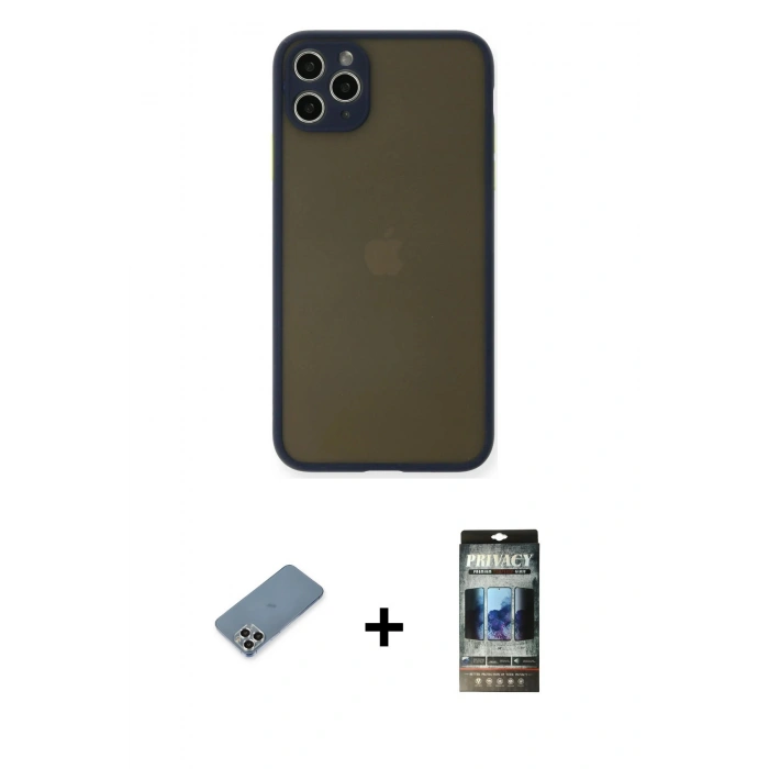 MARSİLYAN™- iPhone 11 Pro Max Kılıf Ahenk Çizgi Serisi - Siyah 34D Hayalet Izgaralı Cam + Metal Kamera Lens Koruma Cam - GS