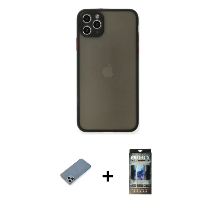 MARSİLYAN™- iPhone 11 Pro Max Kılıf Ahenk Çizgi Serisi - Siyah 34D Hayalet Izgaralı Cam + Metal Kamera Lens Koruma Cam - GS