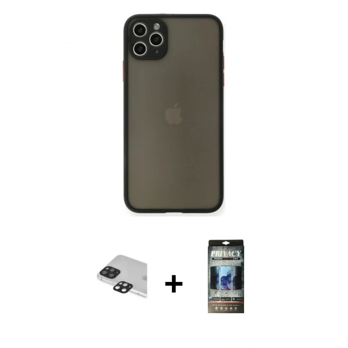 MARSİLYAN™- iPhone 11 Pro Max Kılıf Ahenk Çizgi Serisi - Siyah 34D Hayalet Izgaralı Cam + Pers Alüminyum Kamera Lens - SH