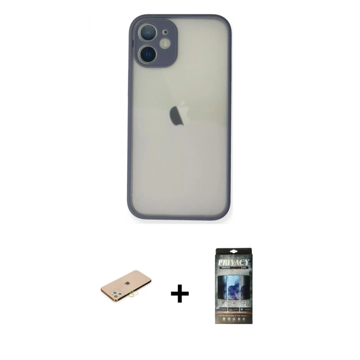 MARSİLYAN™- iPhone 11 Pro Max Kılıf Ahenk Çizgi Serisi - Siyah 34D Hayalet Izgaralı Cam + Renkli Kamera Lens Koruma Cam - SI