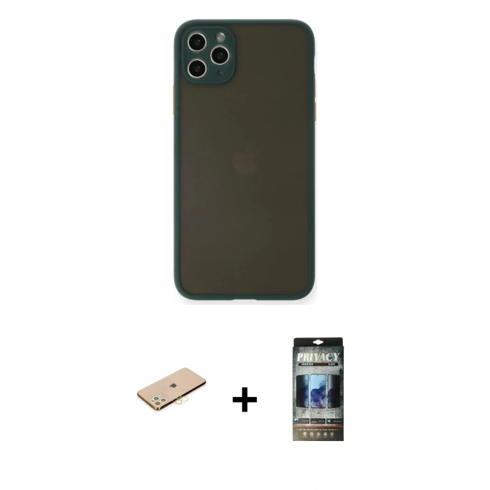 MARSİLYAN™- iPhone 11 Pro Max Kılıf Ahenk Çizgi Serisi - Siyah 34D Hayalet Izgaralı Cam + Renkli Kamera Lens Koruma Cam - SI