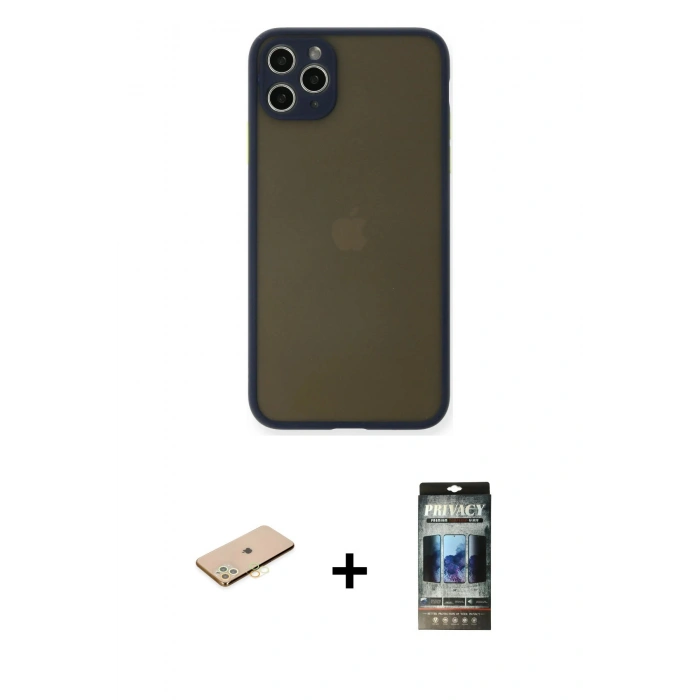 MARSİLYAN™- iPhone 11 Pro Max Kılıf Ahenk Çizgi Serisi - Siyah 34D Hayalet Izgaralı Cam + Renkli Kamera Lens Koruma Cam - SI