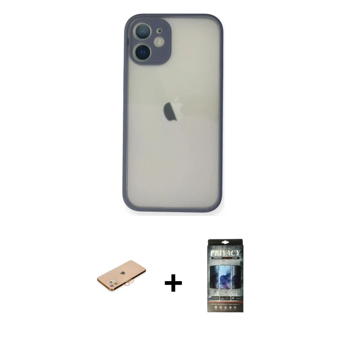 MARSİLYAN™- iPhone 11 Pro Max Kılıf Ahenk Çizgi Serisi - Siyah 34D Hayalet Izgaralı Cam + Turuncu Renkli Kamera Lens Koruma Cam