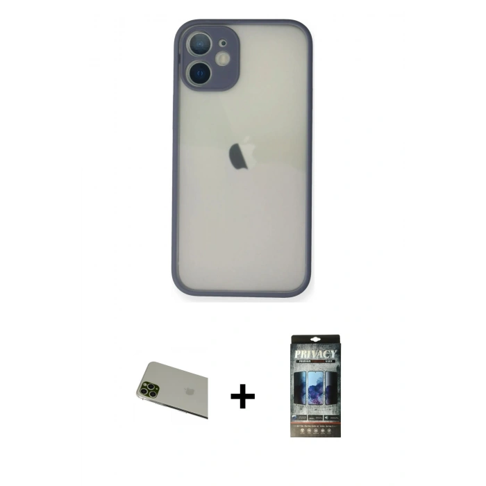 MARSİLYAN™- iPhone 11 Pro Max Kılıf Ahenk Çizgi Serisi - Siyah 34D Hayalet Izgaralı Cam + Rainbow Kamera Lens Koruma Cam - YL