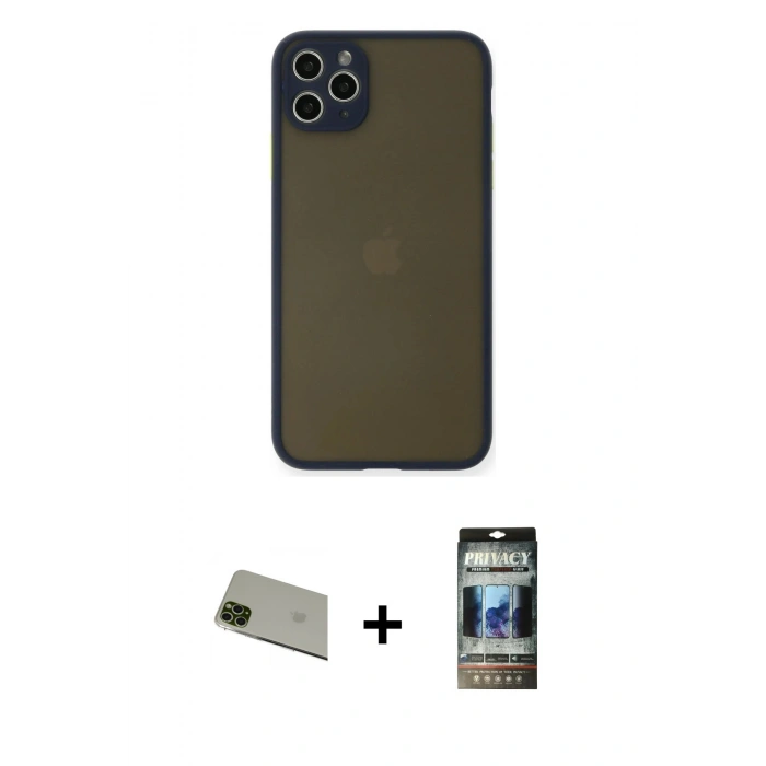 MARSİLYAN™- iPhone 11 Pro Max Kılıf Ahenk Çizgi Serisi - Siyah 34D Hayalet Izgaralı Cam + Rainbow Kamera Lens Koruma Cam - YL