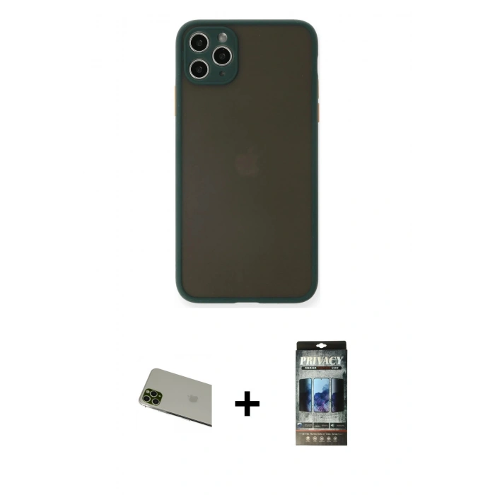 MARSİLYAN™- iPhone 11 Pro Max Kılıf Ahenk Çizgi Serisi - Siyah 34D Hayalet Izgaralı Cam + Rainbow Kamera Lens Koruma Cam - YL