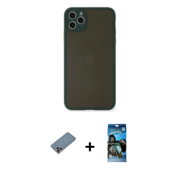 MARSİLYAN™- iPhone 11 Pro Max Kılıf Ahenk Çizgi Serisi - Siyah 34D Izgaralı Cam + Shine Kamera Lens Koruma Cam - GI