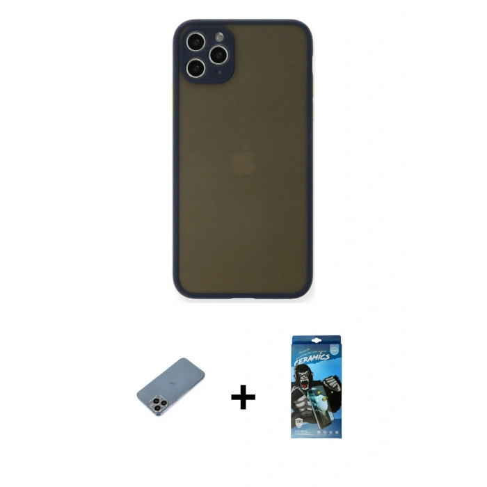 MARSİLYAN™- iPhone 11 Pro Max Kılıf Ahenk Çizgi Serisi - Siyah 34D Izgaralı Cam + Shine Kamera Lens Koruma Cam - GI