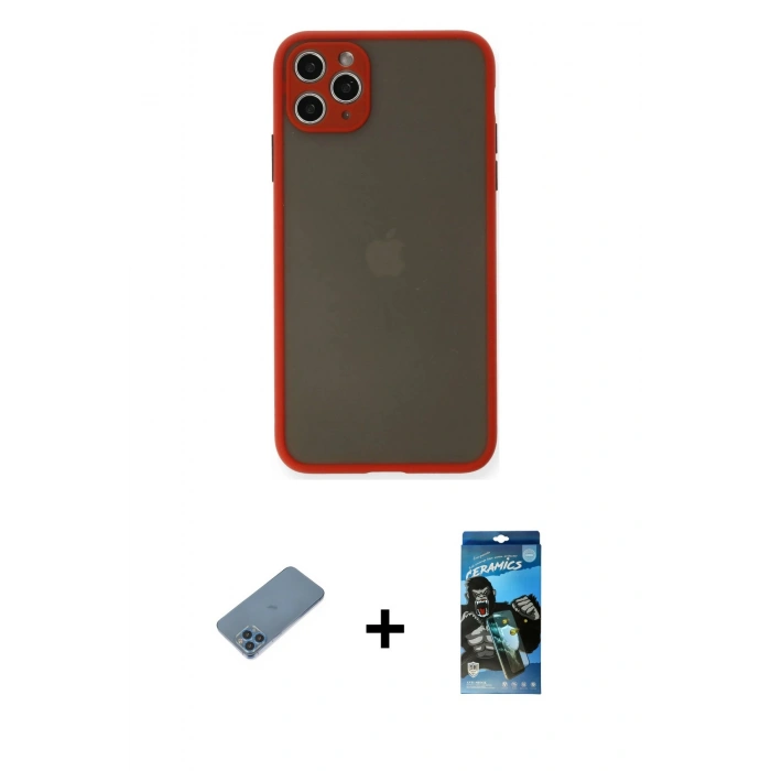 MARSİLYAN™- iPhone 11 Pro Max Kılıf Ahenk Çizgi Serisi - Siyah 34D Izgaralı Cam + Mavi Shine Kamera Lens Koruma Cam