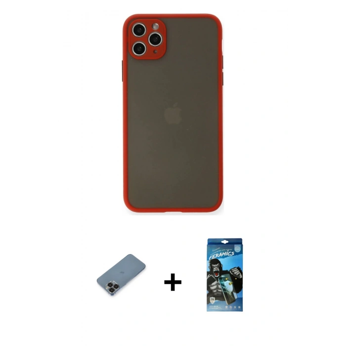 MARSİLYAN™- iPhone 11 Pro Max Kılıf Ahenk Çizgi Serisi - Siyah 34D Izgaralı Cam + Metal Kamera Lens Koruma Cam - SH