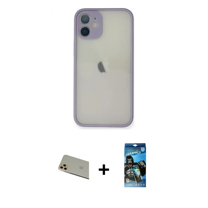 MARSİLYAN™- iPhone 11 Pro Max Kılıf Ahenk Çizgi Serisi - Siyah 34D Izgaralı Cam + Rainbow Kamera Lens Koruma Cam - GD