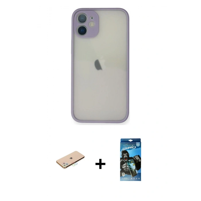 MARSİLYAN™- iPhone 11 Pro Max Kılıf Ahenk Çizgi Serisi - Siyah 34D Izgaralı Cam + Renkli Kamera Lens Koruma Cam - MI