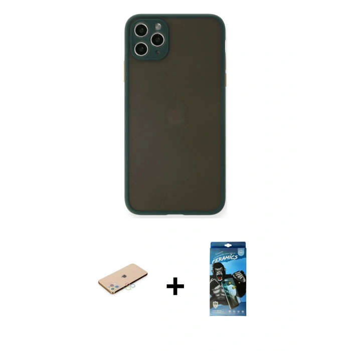 MARSİLYAN™- iPhone 11 Pro Max Kılıf Ahenk Çizgi Serisi - Siyah 34D Izgaralı Cam + Renkli Kamera Lens Koruma Cam - MI