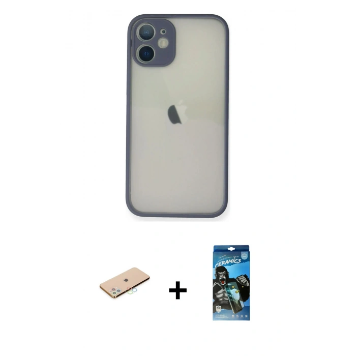 MARSİLYAN™- iPhone 11 Pro Max Kılıf Ahenk Çizgi Serisi - Siyah 34D Izgaralı Cam + Renkli Kamera Lens Koruma Cam - MI