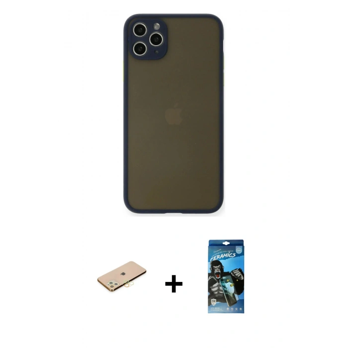 MARSİLYAN™- iPhone 11 Pro Max Kılıf Ahenk Çizgi Serisi - Siyah 34D Izgaralı Cam + Renkli Kamera Lens Koruma Cam - SI