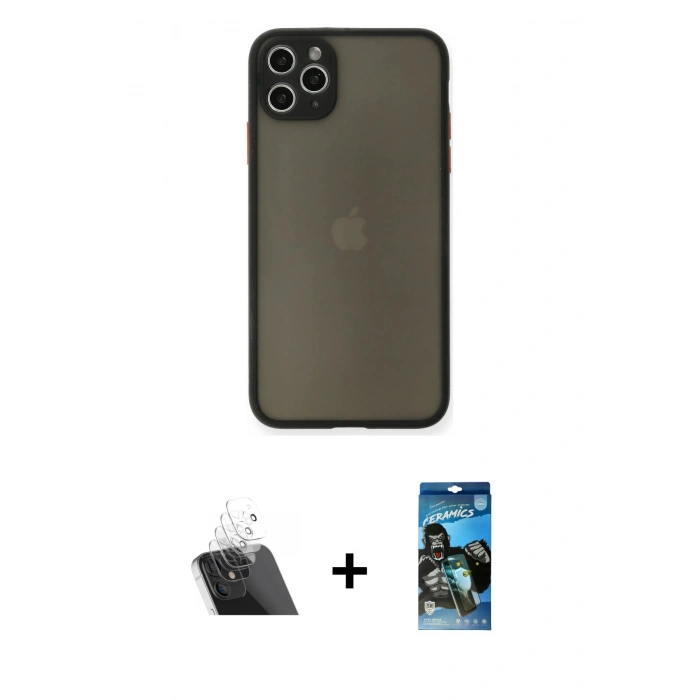 MARSİLYAN™- iPhone 11 Pro Max Kılıf Ahenk Çizgi Serisi - Siyah 34D Izgaralı Cam + Kamera Lens Koruma Cam - SF