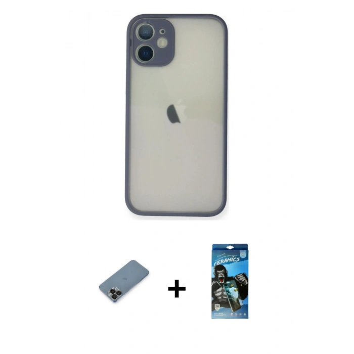 MARSİLYAN™- iPhone 11 Pro Max Kılıf Ahenk Çizgi Serisi - Siyah 34D Izgaralı Cam + Metal Kamera Lens Koruma Cam - SH
