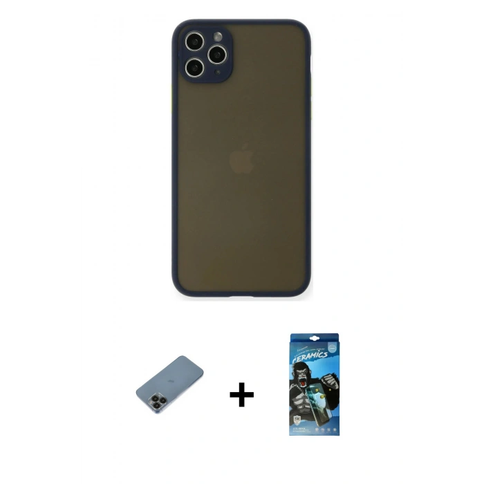 MARSİLYAN™- iPhone 11 Pro Max Kılıf Ahenk Çizgi Serisi - Siyah 34D Izgaralı Cam + Shine Kamera Lens Koruma Cam - SH