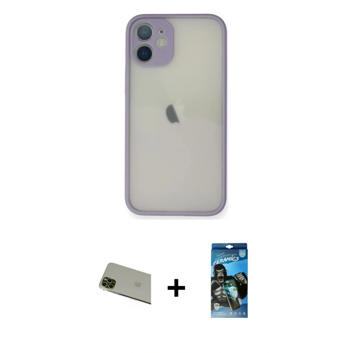 MARSİLYAN™- iPhone 11 Pro Max Kılıf Ahenk Çizgi Serisi - Siyah 34D Izgaralı Cam + Rainbow Kamera Lens Koruma Cam - YL