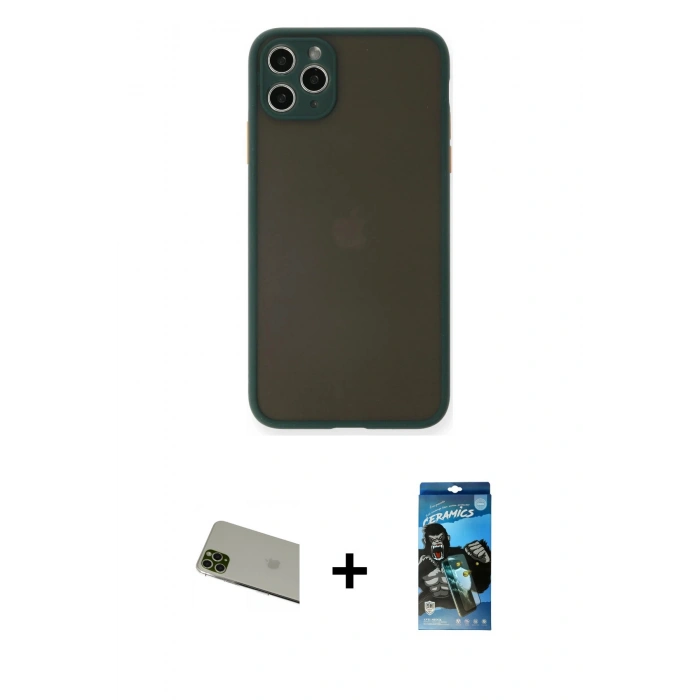 MARSİLYAN™- iPhone 11 Pro Max Kılıf Ahenk Çizgi Serisi - Siyah 34D Izgaralı Cam + Rainbow Kamera Lens Koruma Cam - YL