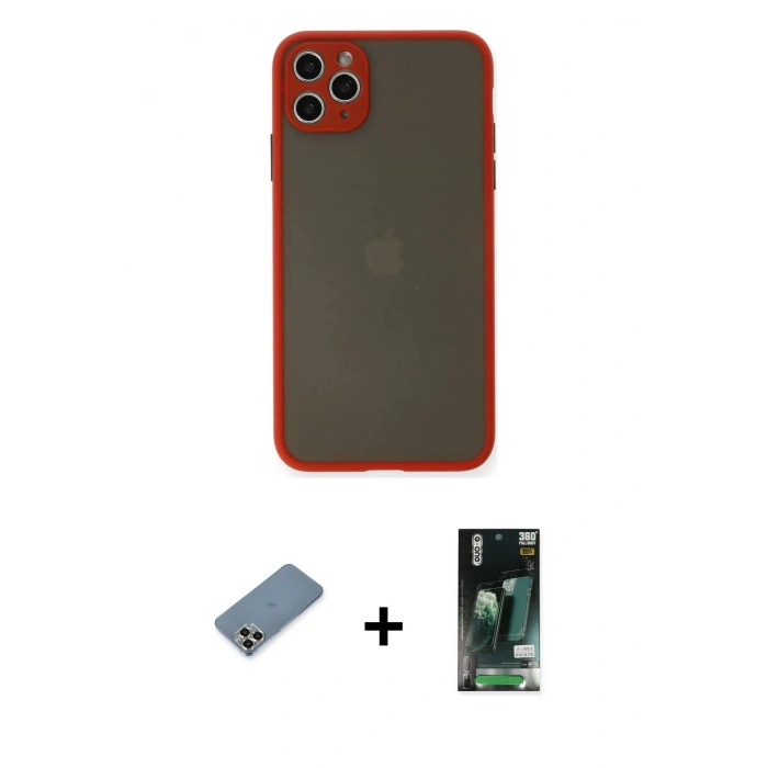 MARSİLYAN™- iPhone 11 Pro Max Kılıf Ahenk Çizgi Serisi - Siyah 360 Mat Full Body Arka Koruyucu + Metal Kamera Lens Koruma Cam - GD